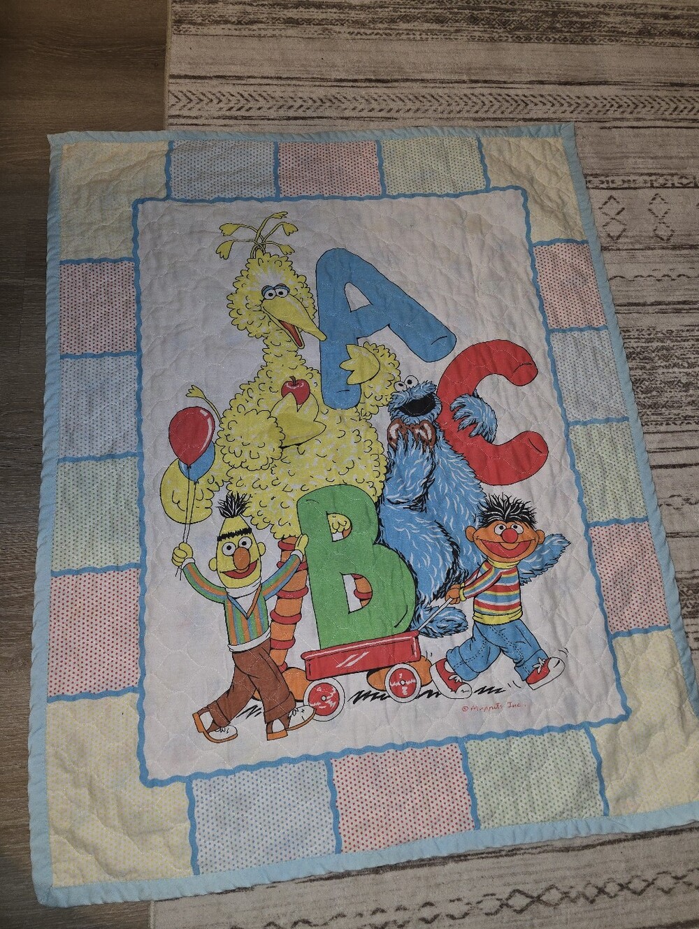 Vintage Sesame Street Big Bird Bert Ernie Cookie Monster ABC Quilt Blanket